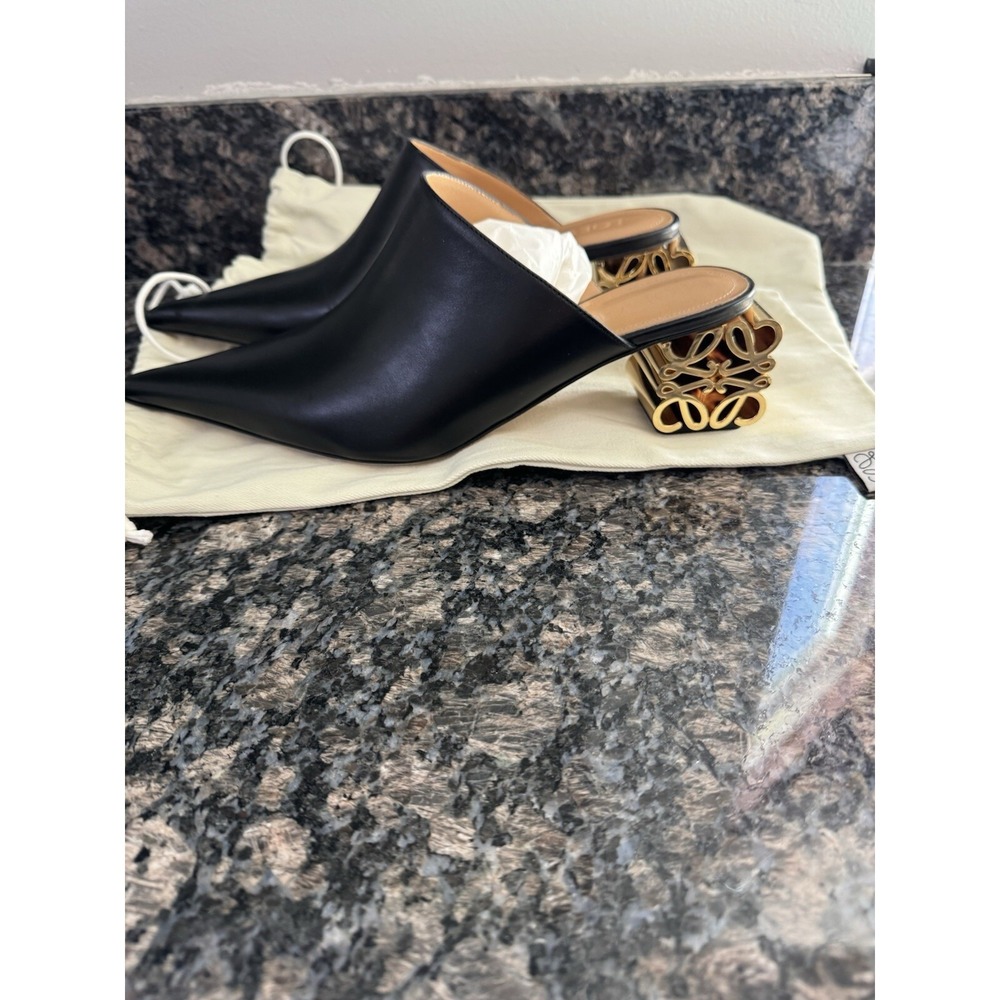 Loewe Anagram Black Pointed Slip On Mules 60 Block Heel, Sz 41 NWOB